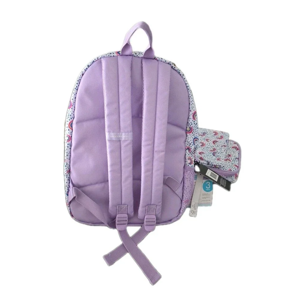 Skechers 3-Piece Backpack Set Kids Rainbow Print Purple Lunch‎ Bag Pencil Case